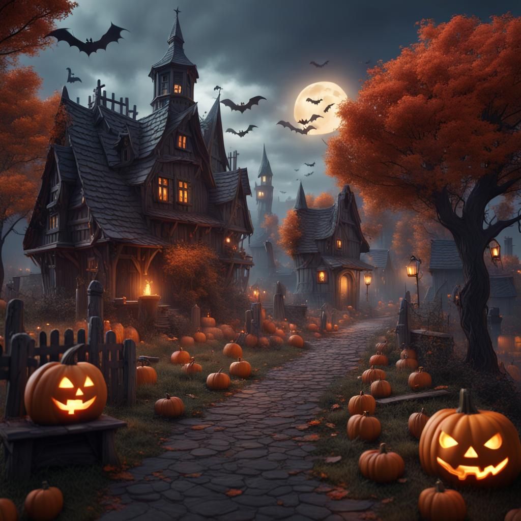 Fantastical Halloween Village in Detailed Matte Painting