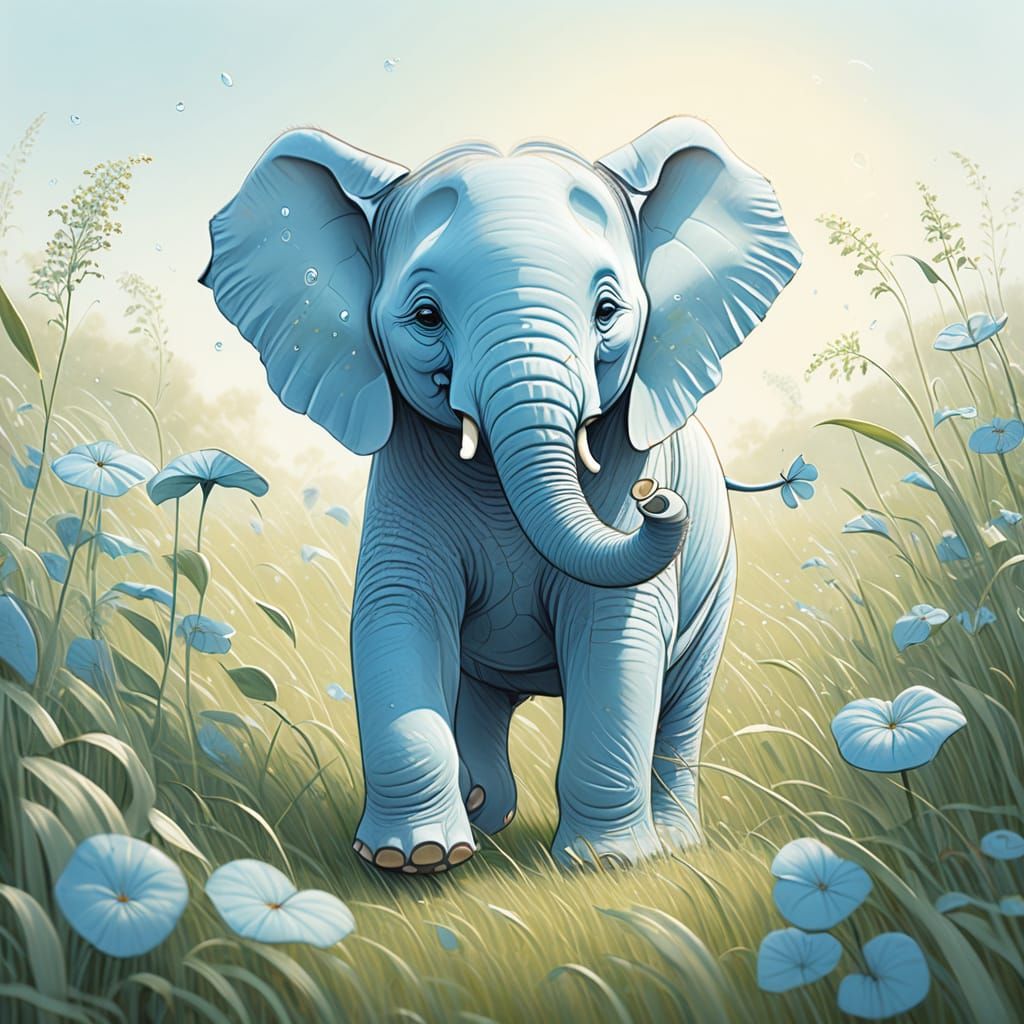 Baby Blue Elephant in Lush Meadow Illustration