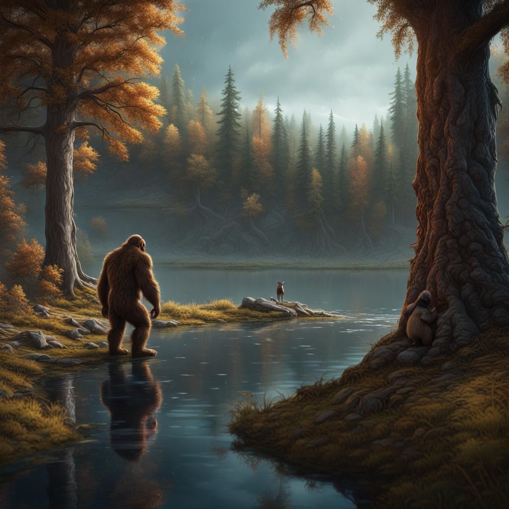 Bigfoot Watching Deer: Fantasy Concept Art