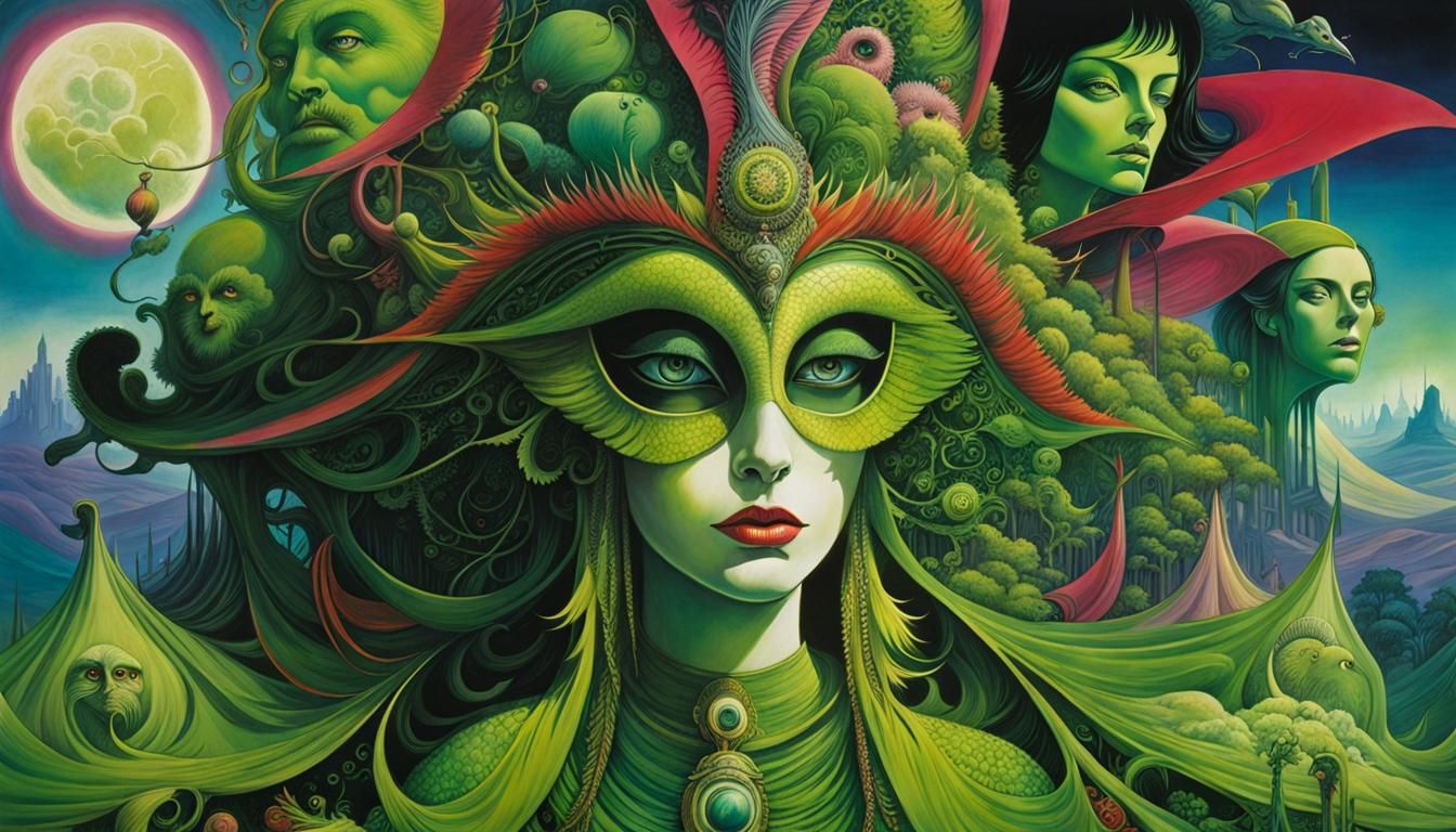 Surreal Green Gods in Psychedelic Mixed Media