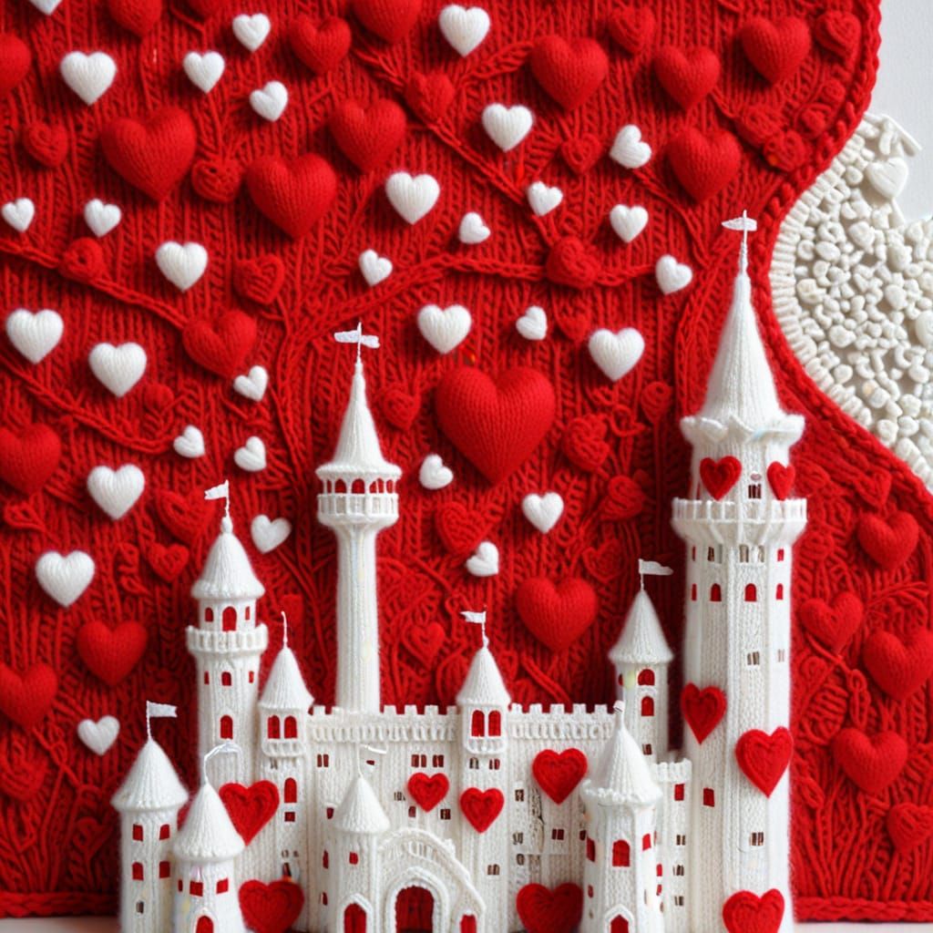 Knitted Wool Cityscape with Red Heart Accents