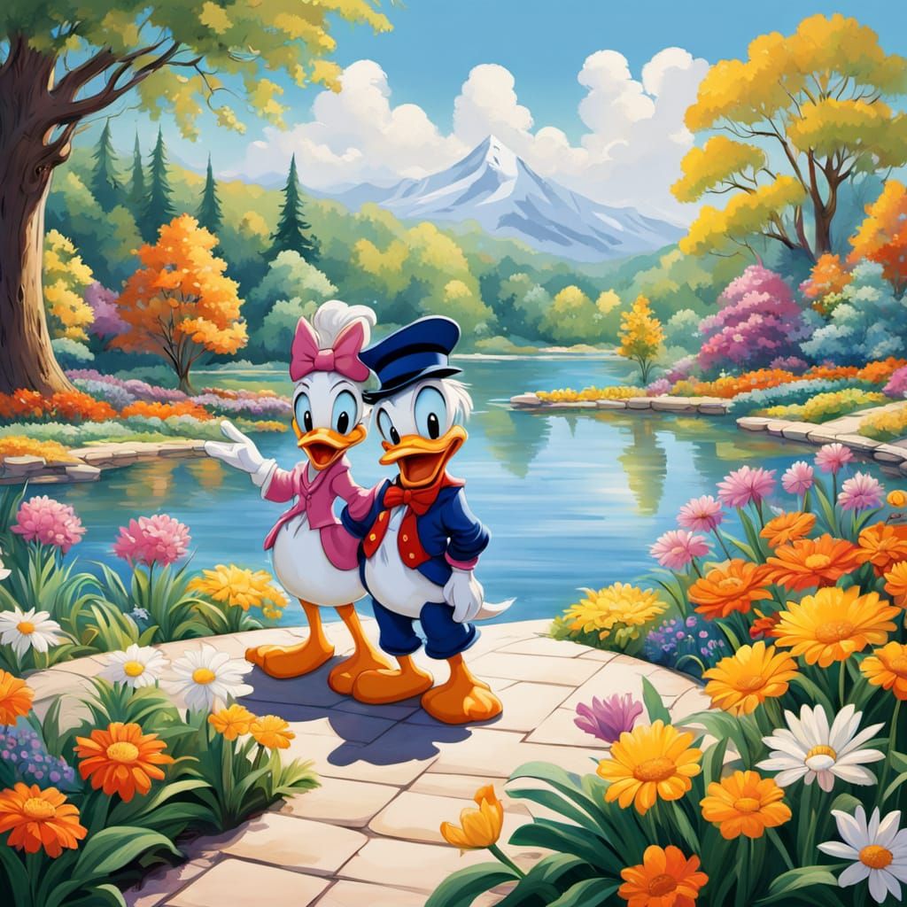 Donald and Daisy Duck in Whimsical Disney Park