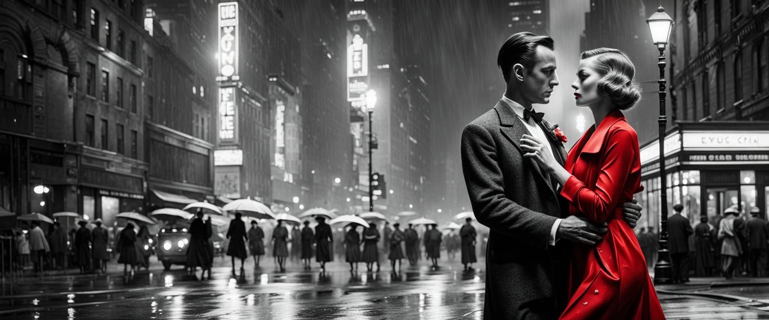 1920s Film Noir Couple Dancing in Rainy NYC