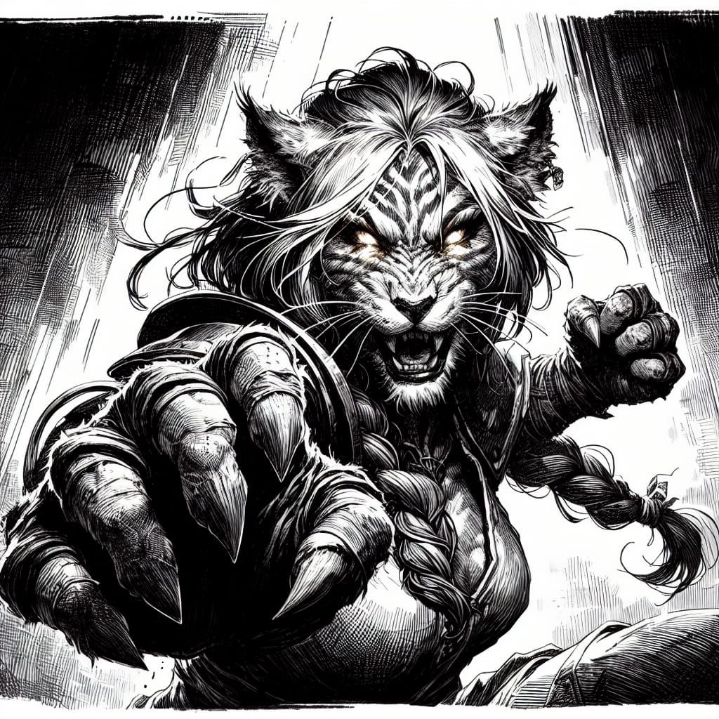 Fierce Leonin Brawler in Dark Fantasy Inking Style