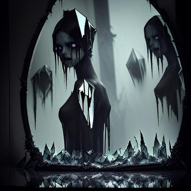 Eerie Faces Reflected in Shattered Mirror, Dark Fantasy