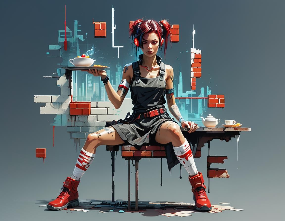 Cyberpunk Kitchen Scene with Cityscape and Graffiti