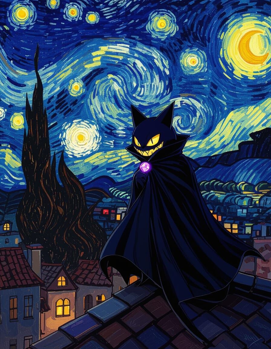 Gengar Under Starry Night Sky in Van Gogh Style
