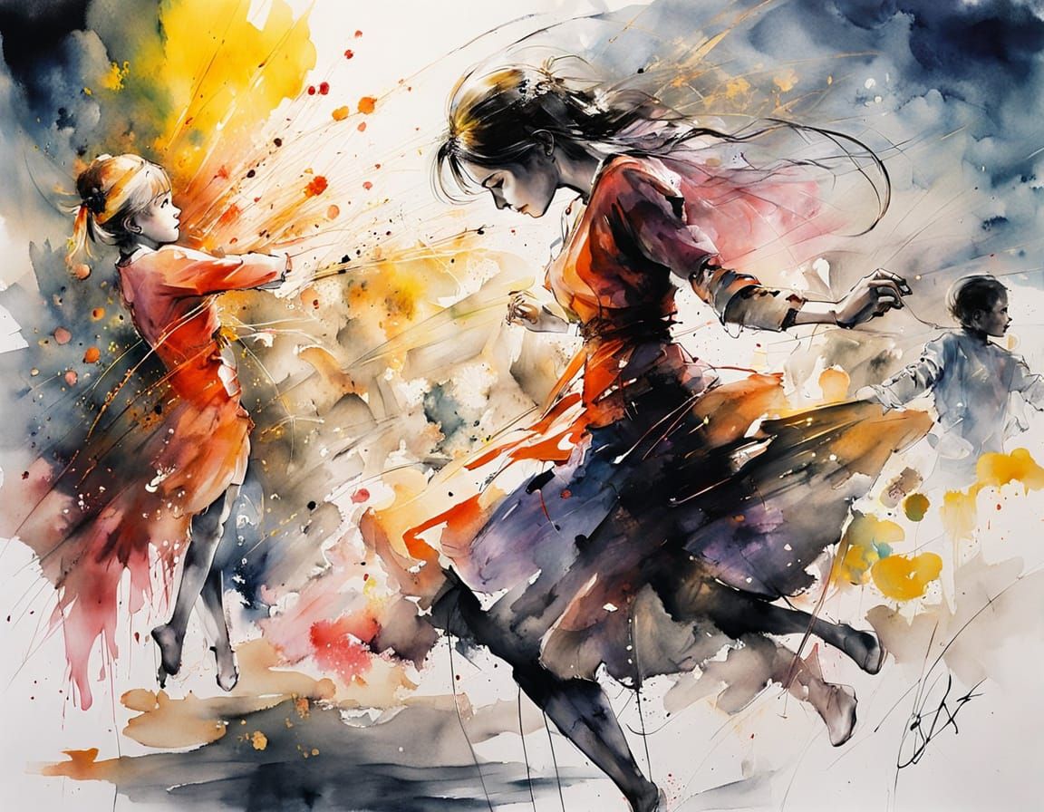 Skeletons Dancing Amidst Fireworks in Watercolor Style