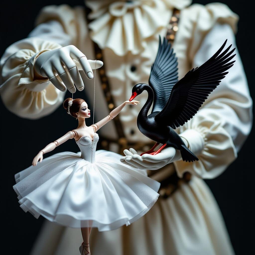 Puppeteer's Hands Guiding Ballerina & Black Swan