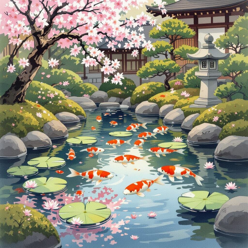 Koi Pond in Japanese Garden, Woodblock Print Style