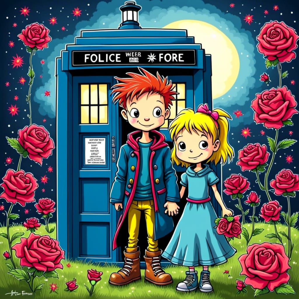 Doctor Who and Rose in 90s Cartoon Style