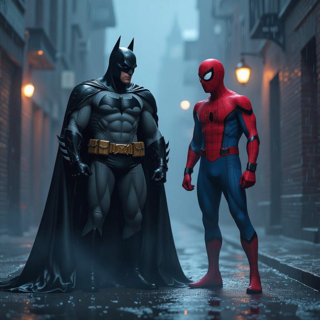 Batman and Spider-Man in a Dark Alley, Gritty Art Style