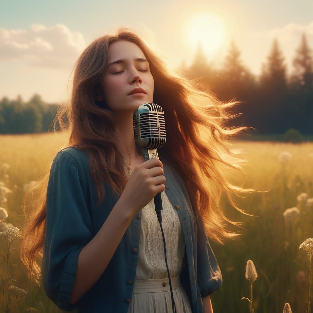 Ethereal Woman Sings in Sun-Drenched Meadow with Vintage Mic...