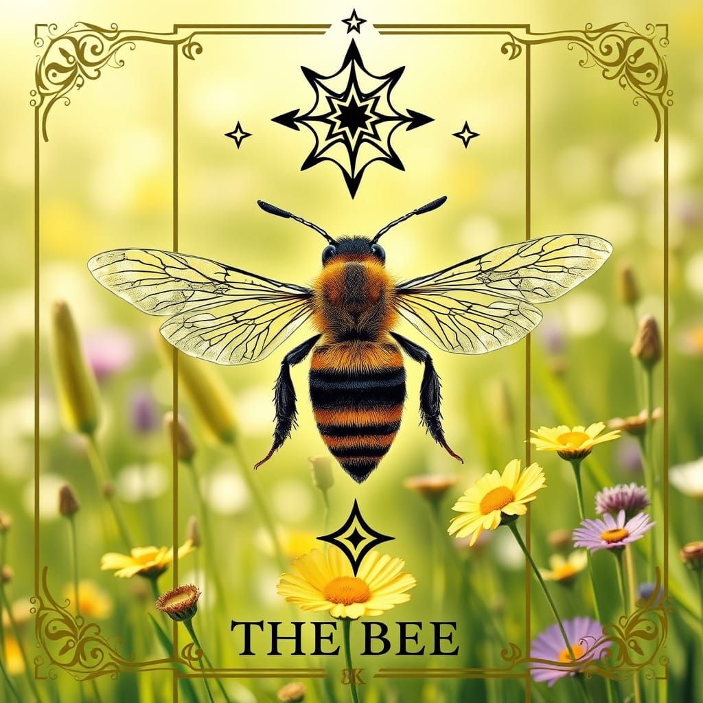 Mystical Bee Tarot Card in a Dreamlike Summer Meadow