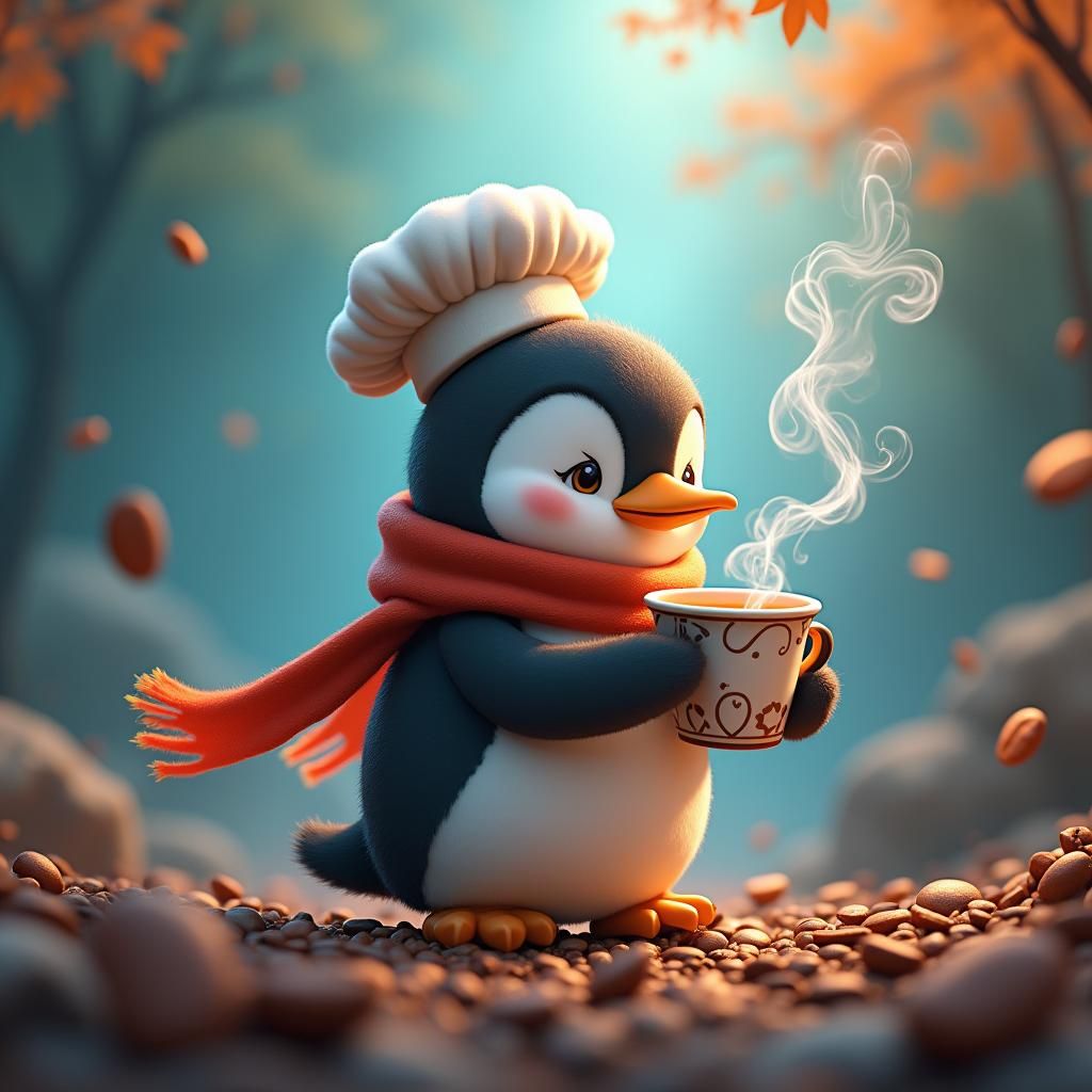 Penguin Chef with Coffee: Stylized Digital Art