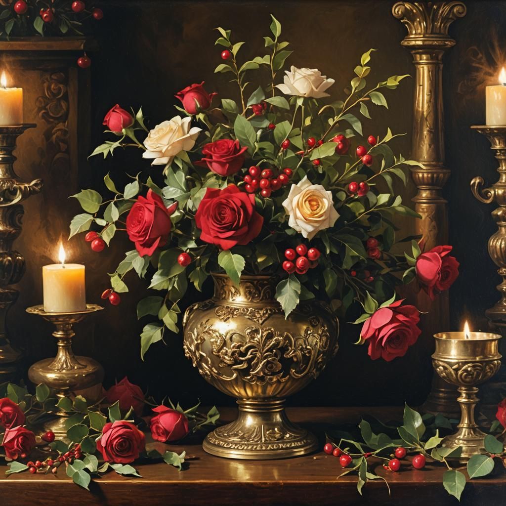 Luminous Baroque Still Life of Roses and Holly