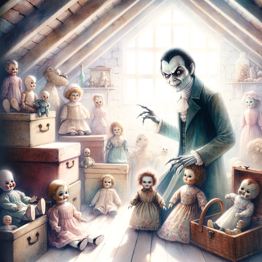 Eerie Porcelain Puppetmaster in Nostalgic Watercolor Style