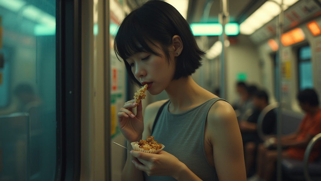 Thai Woman Eating on Subway in Cyberpunk Style