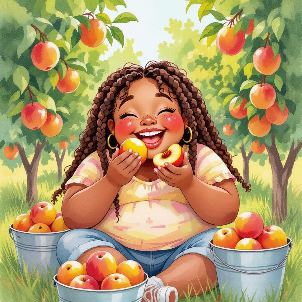 Girl in Peach Orchard: Watercolor Art