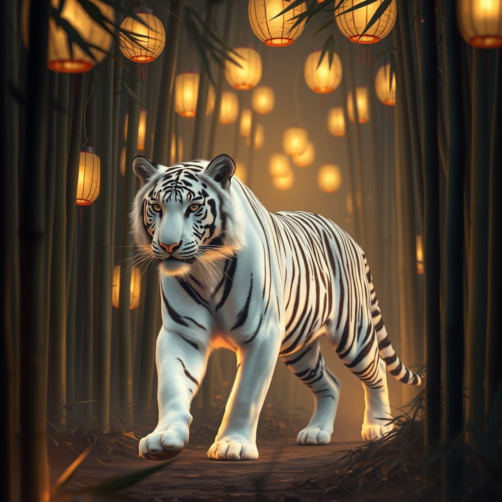 Ethereal White Tiger in Twilight Bamboo Forest