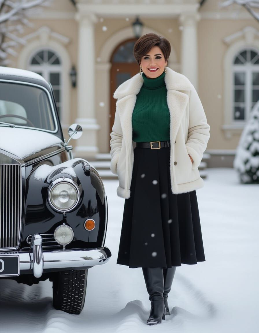 Curvy Egyptian Woman in Winter Near Classic Villa