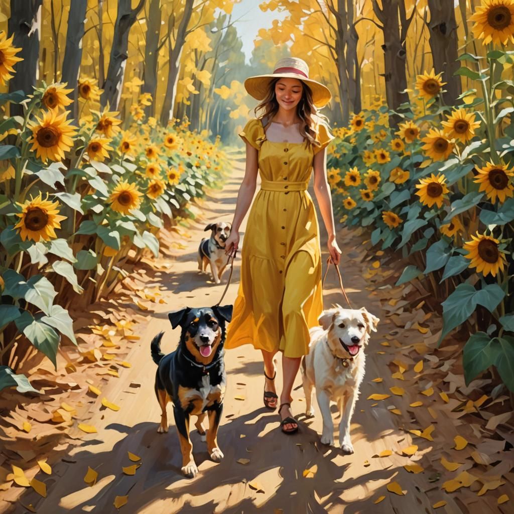 Girl and Dogs in Golden Autumn Forest: Impressionist Oil Pai...