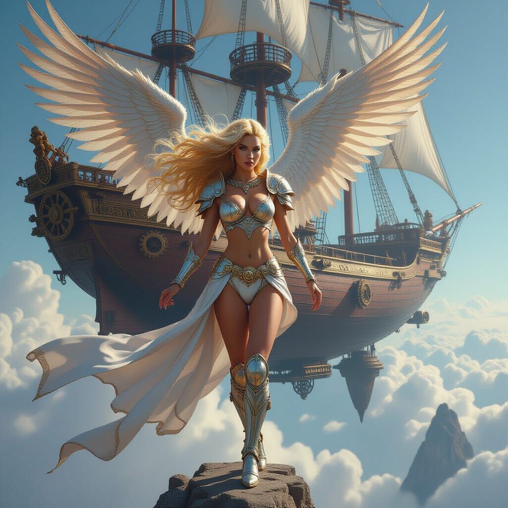 Valkyrie Warrior on Steampunk Airship, Hyperrealistic Fantas...