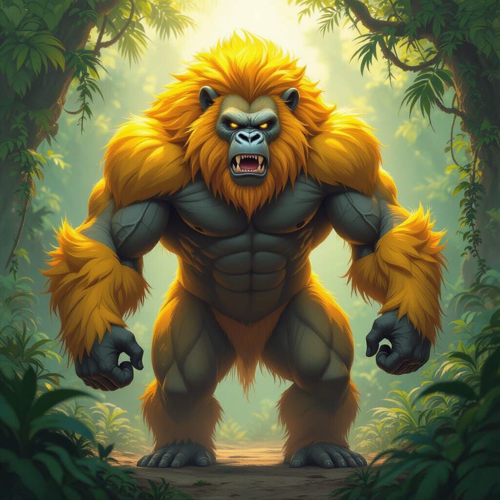 Hybrid Gorilla Lion with Yellow Fur in Jungle
