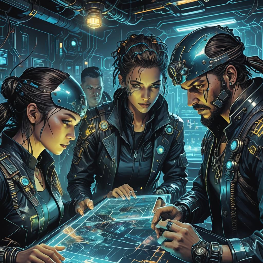 Cybernetic Pirates Plotting Heist in Cyberpunk Style