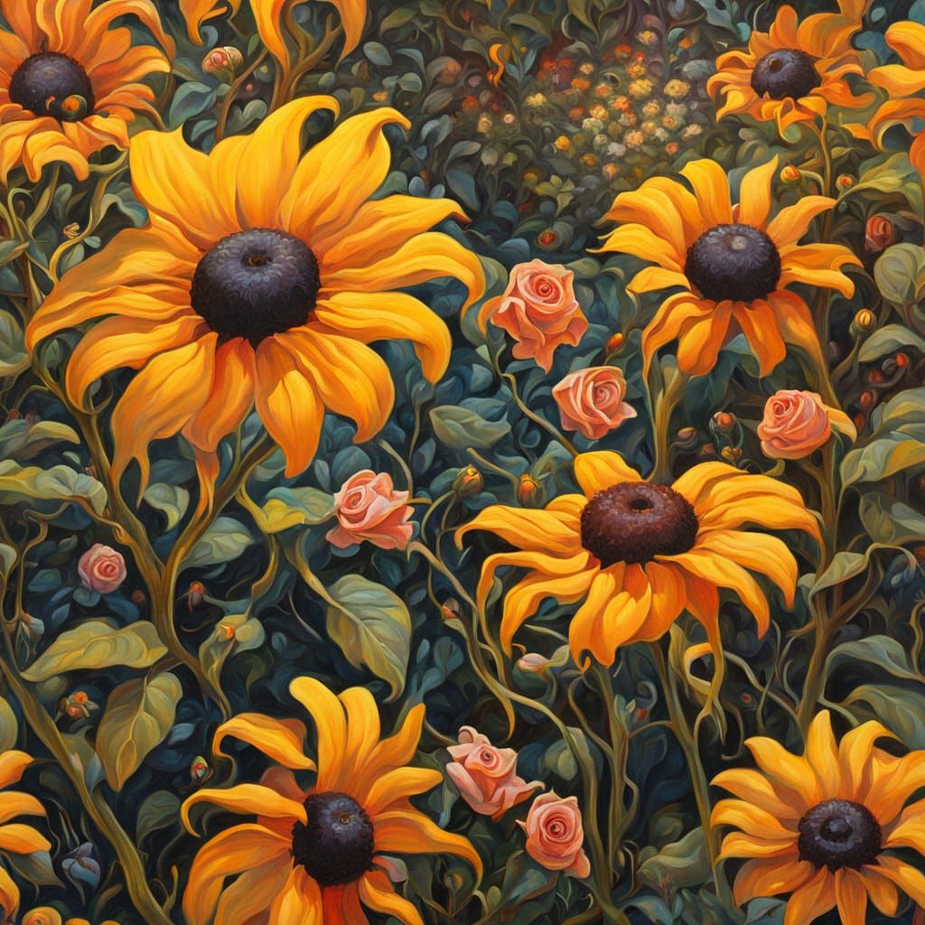 Surreal Garden with Melting Flowers in Golden Hour