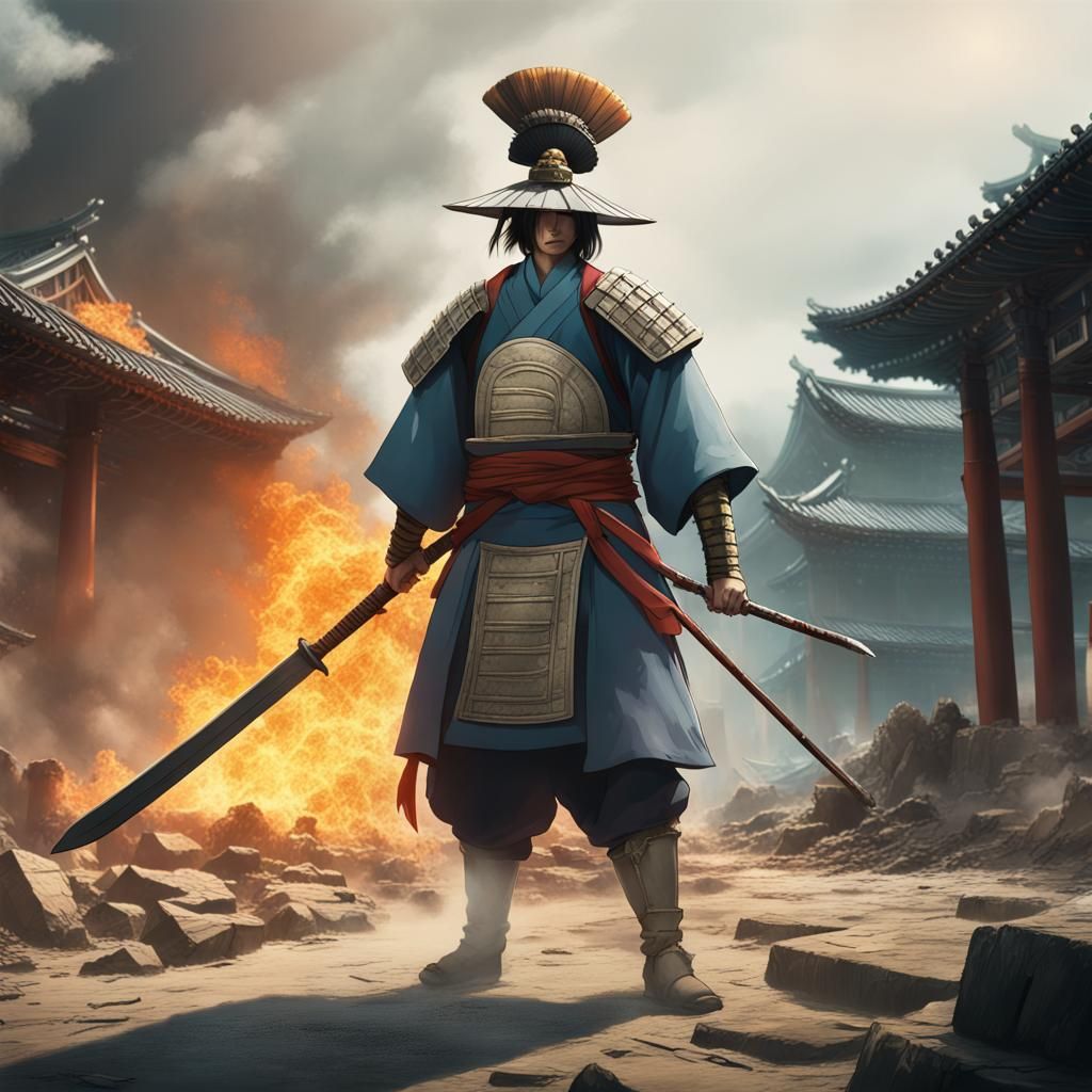Ancient Korean Warrior in Apocalyptic Ruins, Ghibli Style