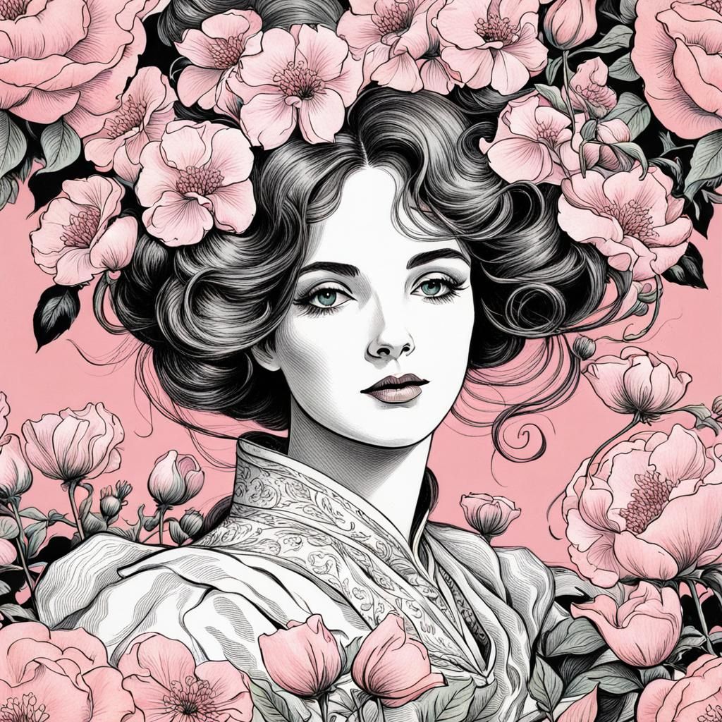 Gibson Girl Surrounded by Pink Flowers