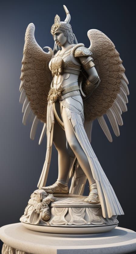 Winged Marble Warrior Statue in Eastern Art Style