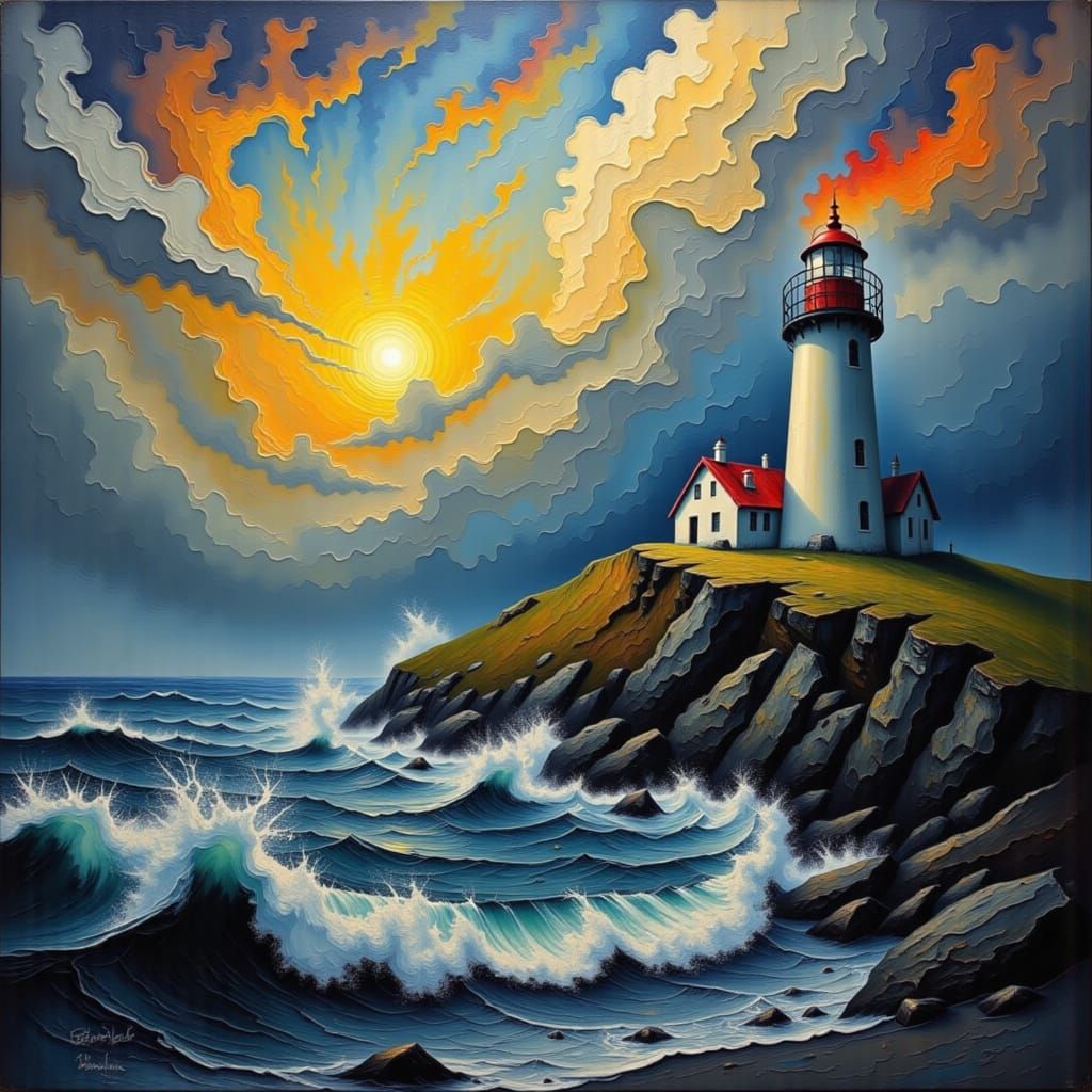 Impasto Lighthouse Shines on Stormy Sea