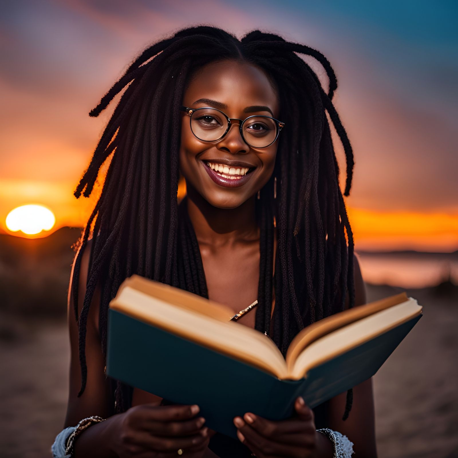 Beautiful Dark-Skinned Woman Reading at Sunset