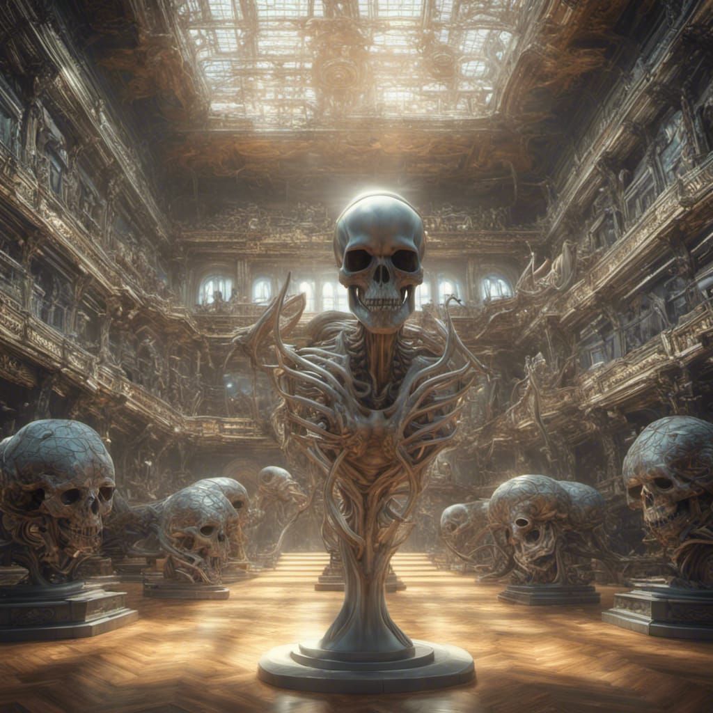 Alien Skull Trophy in Crowded Hall: Hyperrealistic Art