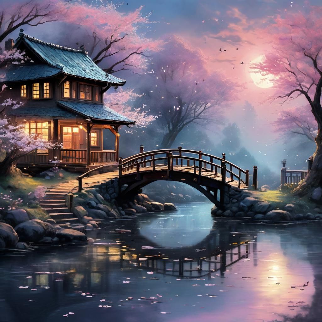 Moonlit Cherry Blossom Bridge in Watercolor Style