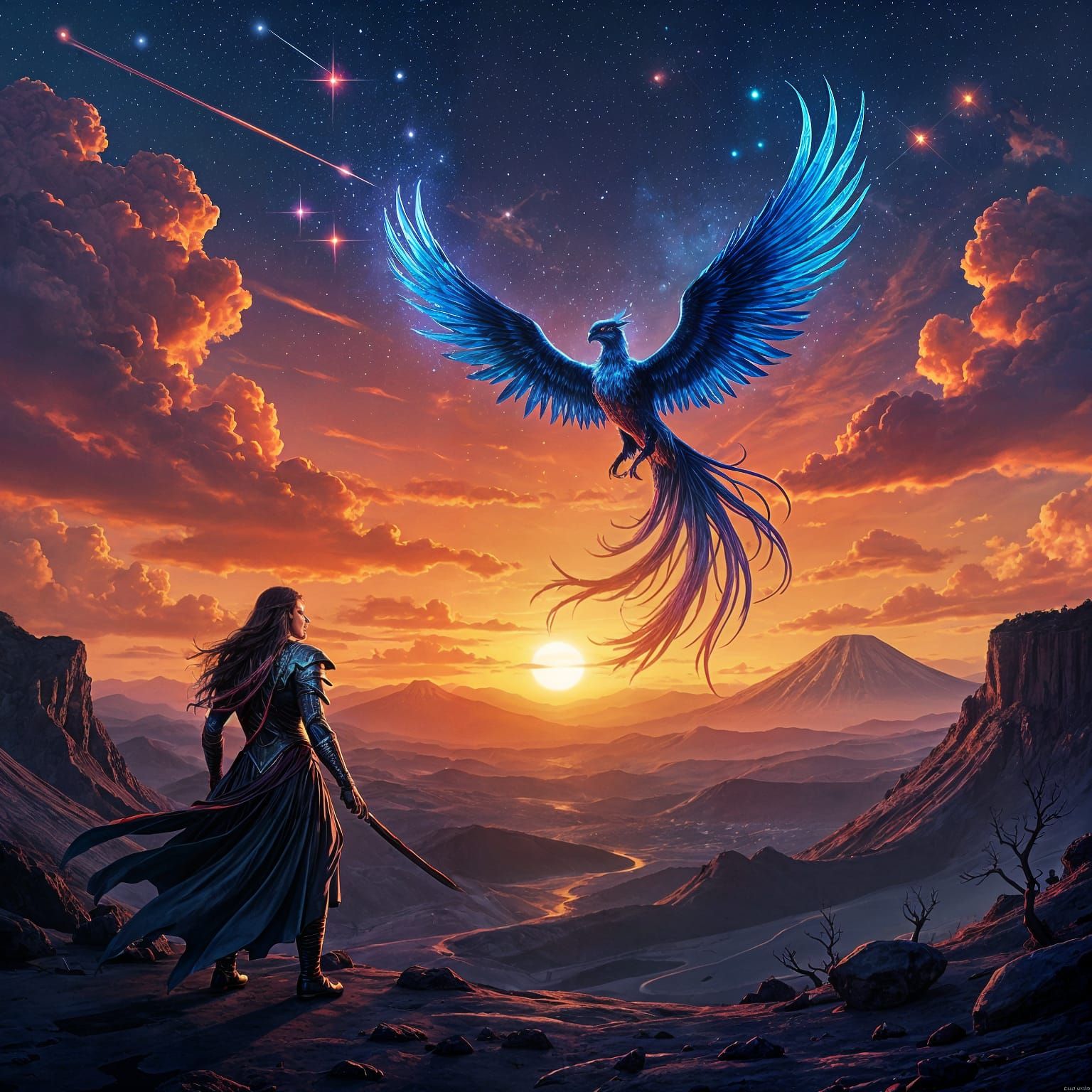 Worrioress Silhouette Against Cosmic Phoenix Sunset