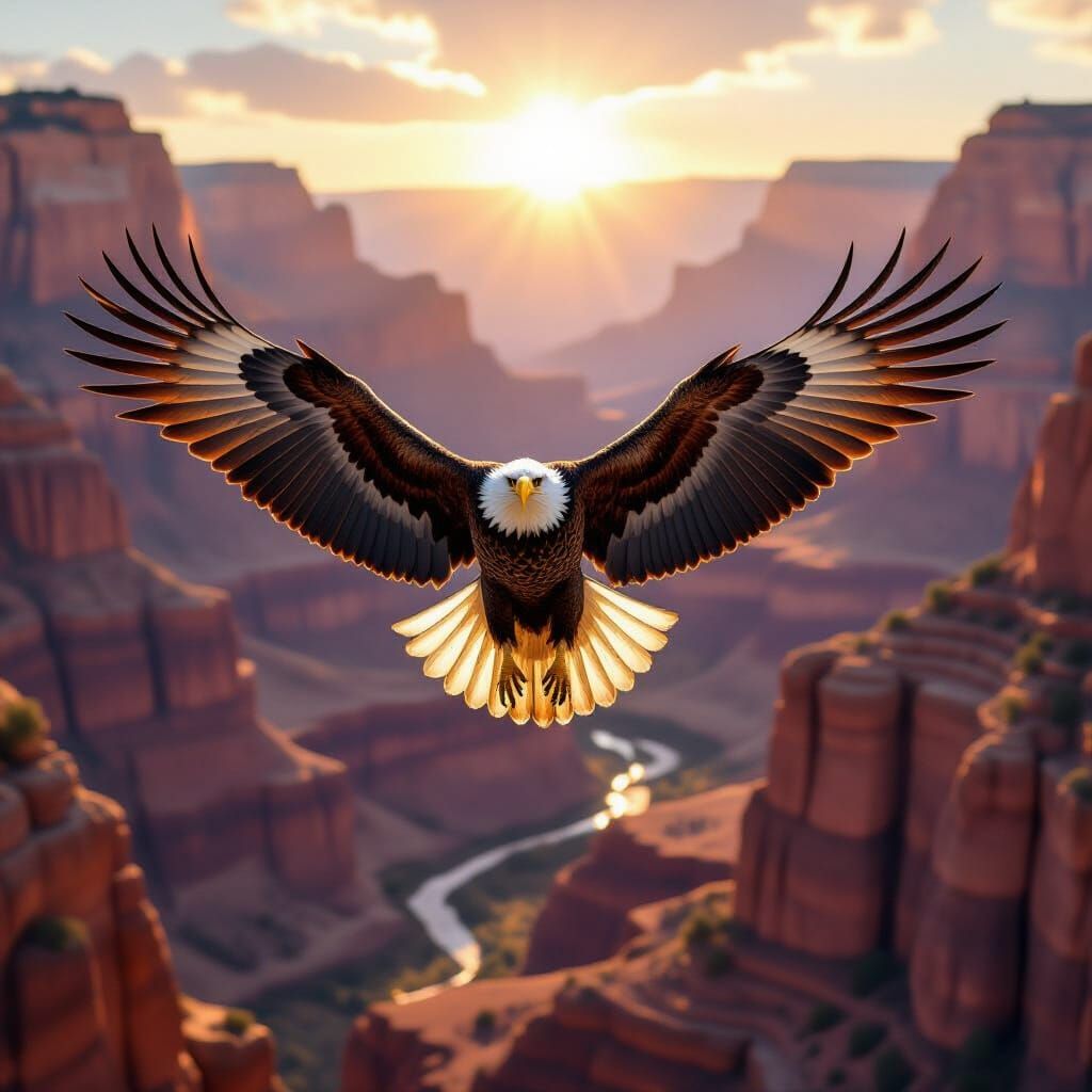 Majestic Bald Eagle Soars Through Sunlit Canyon