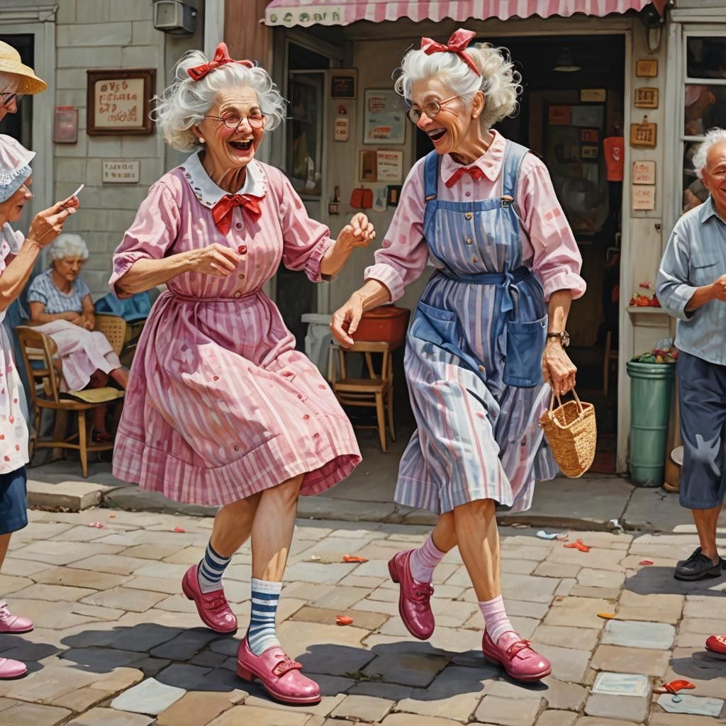 Tipsy Old Couple Dancing: Fantasy Cartoon Charcoal Sketch