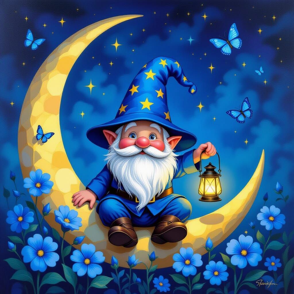 Whimsical Gnome on Moon with Lantern, Surrealist Style