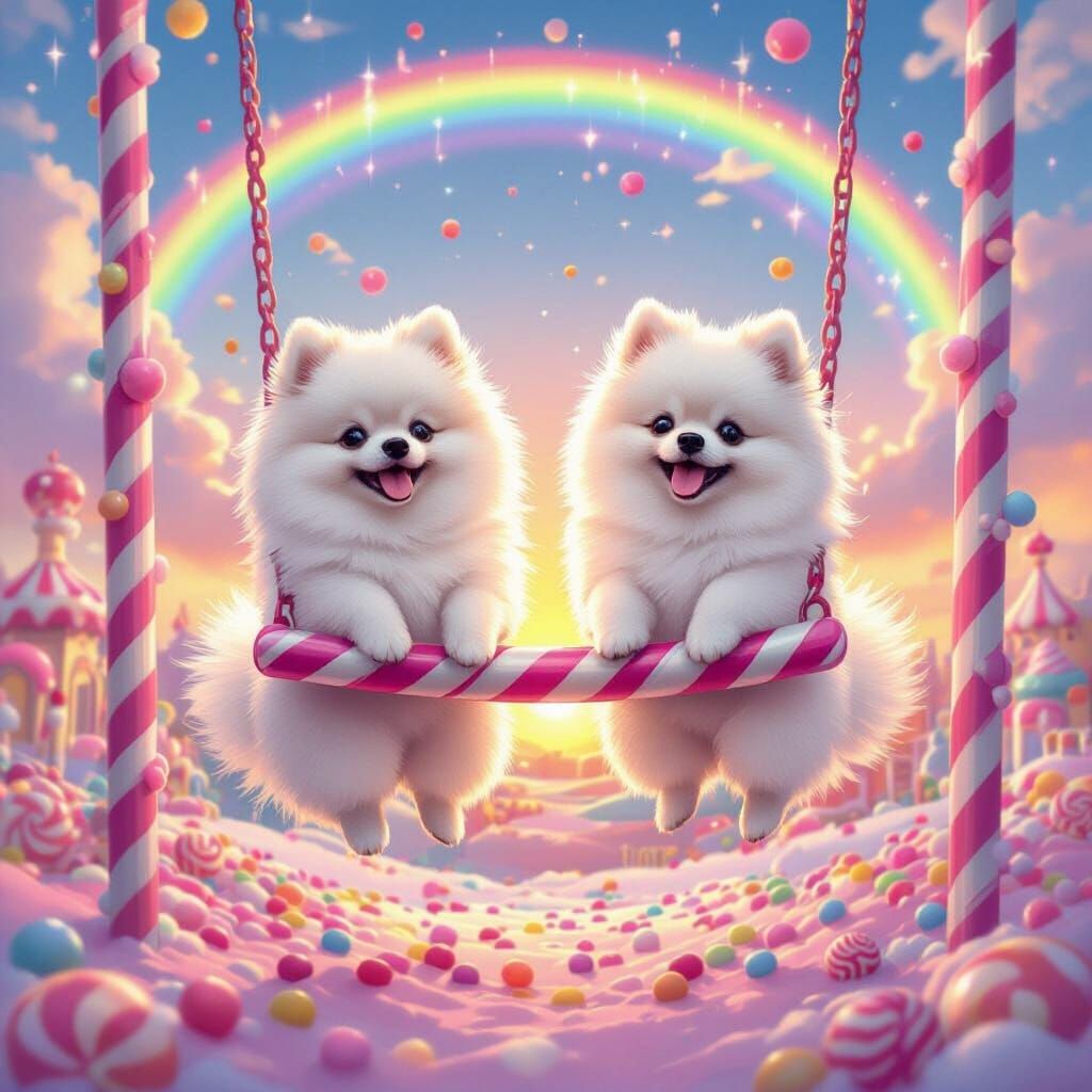 Pomeranians Swing on Candy Cane Pole in Rainbow Candy Land