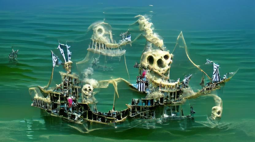 Skeleton Pirate Ship on Open Waters