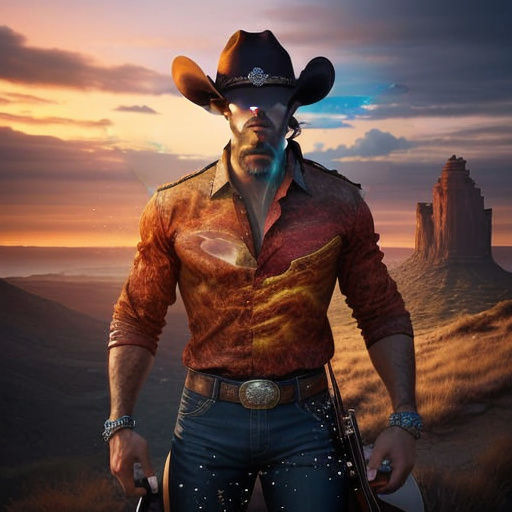 Colorful Double Exposure Guitarist with Cowboy Landscape