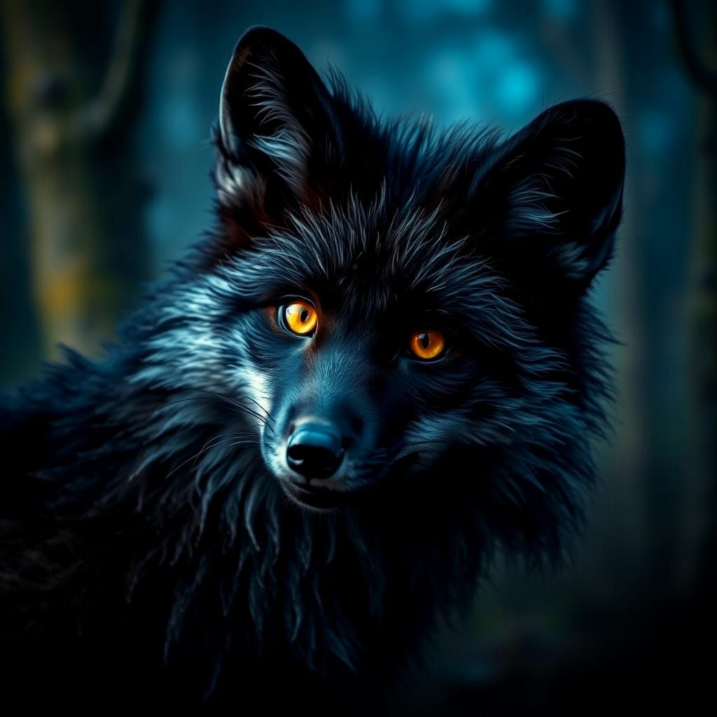 Mysterious Black Fox with Glowing Eyes
