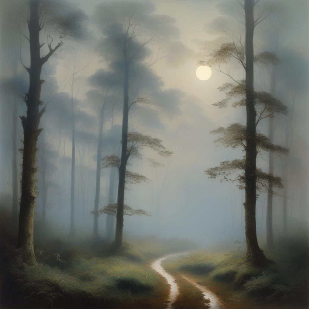 Misty Moonlit Forest Landscape in Romanticist Style