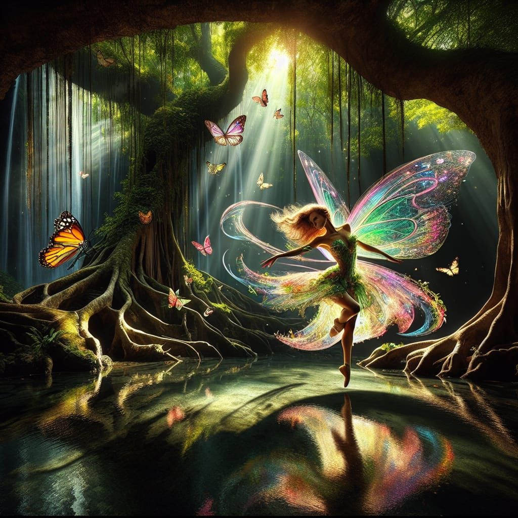 Fairy Woman Dances with Butterfly in Enchanted Forest