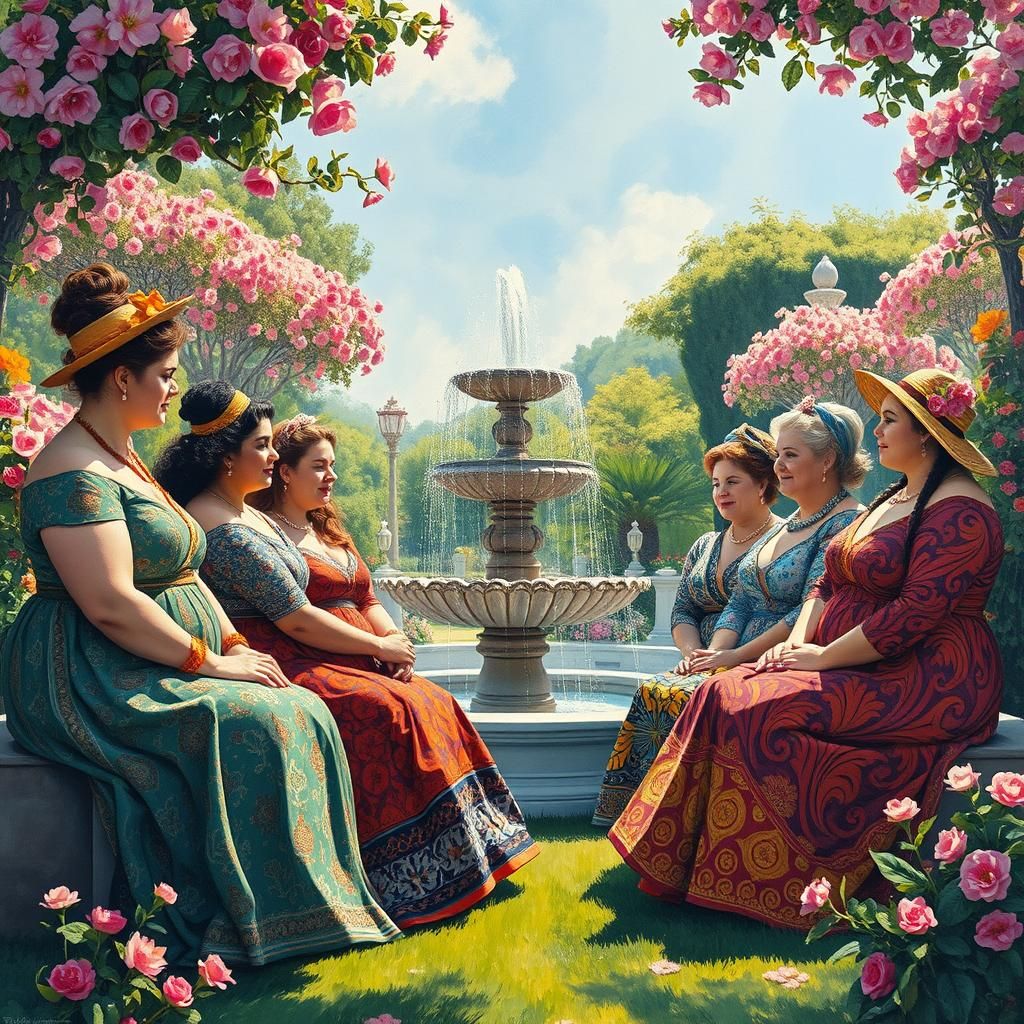 Plus-Sized Women in Garden, Gouache Impressionist Style