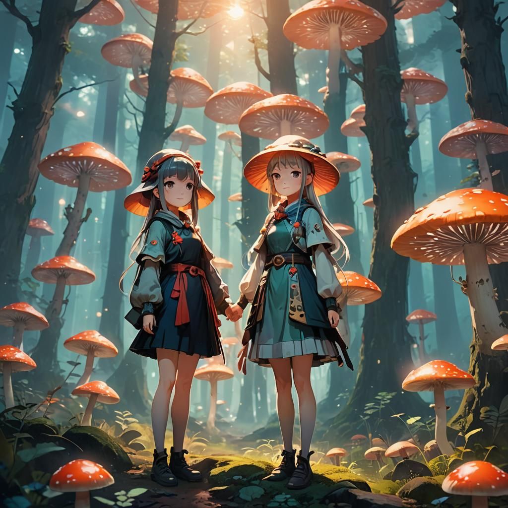 Mystical Anime Sisters in Enchanted Forest