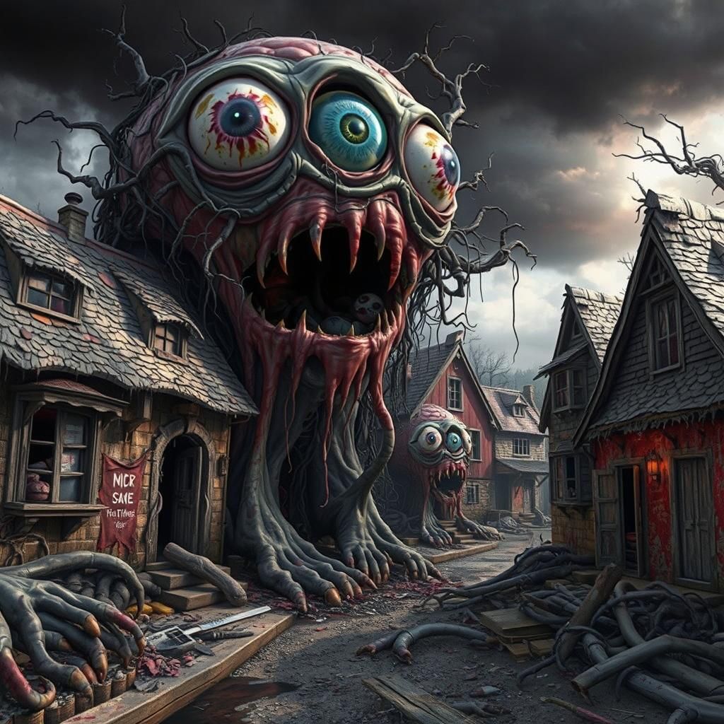 Haunted Eyeball Monster Village in Dark Macabre Art
